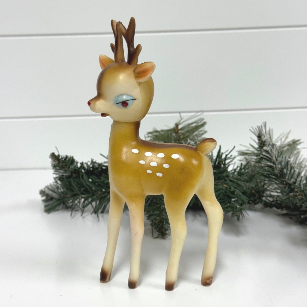 Vintage MCM Rubber Reindeer Figurine Red Rhinestone Eyes Christmas Decor Japan